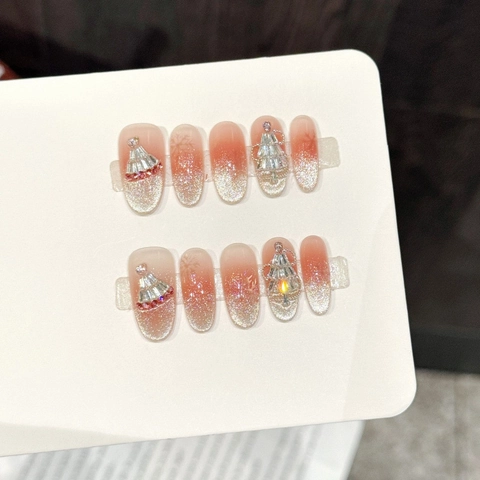 Handgefertigte Nägel zum Aufpressen Rosa Orange Farbverlauf Glitzer 3D Strass Schneeflocke Weihnachtsbaum Traumhafte Blush Ovale Falsche Nägel Damen