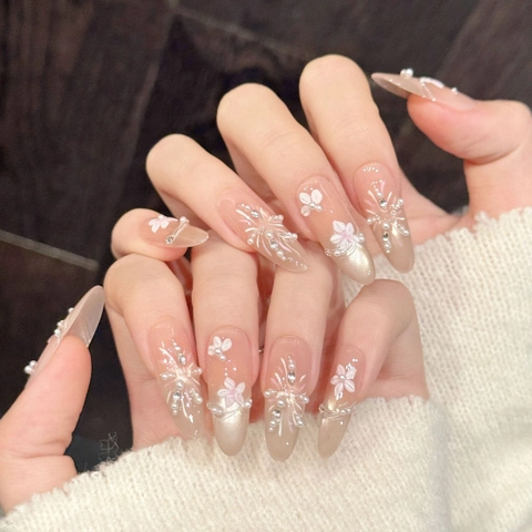 Handmade Cherry Blossom Press On Nails Nude Pink Gradient Fake Nails With Artificial Pearls Rhinestones For Women