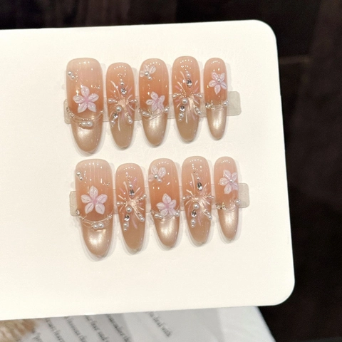 Handmade Cherry Blossom Press On Nails Nude Pink Gradient Fake Nails With Artificial Pearls Rhinestones For Women