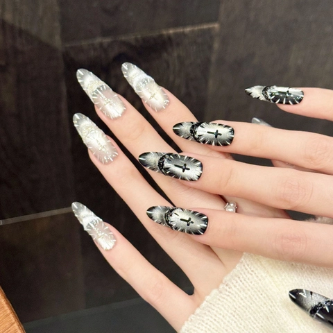Gothic Silver Black Gradient Cat Eye Press On Nails Handmade Long Almond Shape Cross Decoration False Nails For Women Jewelry
