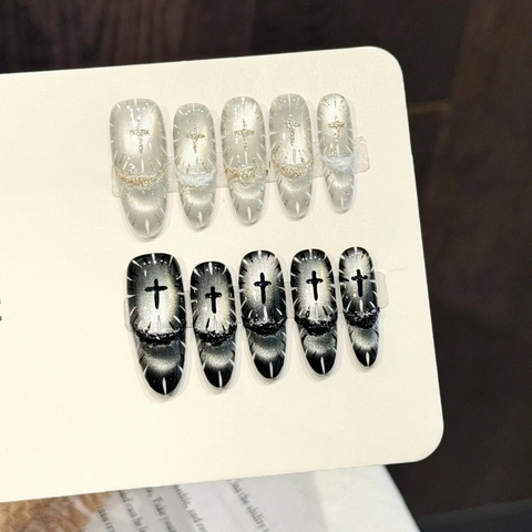 Gothic Silver Black Gradient Cat Eye Press On Nails Handmade Long Almond Shape Cross Decoration False Nails For Women Jewelry