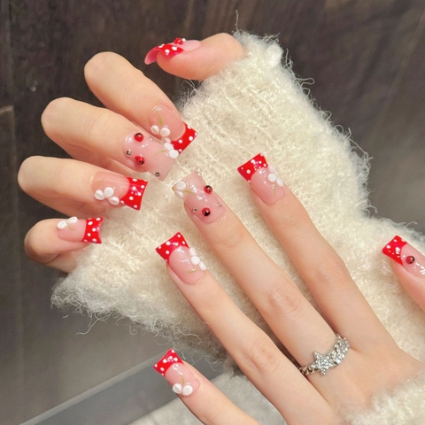 Handmade Red French Polka Dot Press On Nails With 3D Floral And Ladybug Design Sweet Style Reusable Artificial Fake Nails For Women