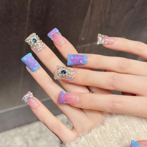 Handmade Dreamy Pink Blue Gradient Press On Nails With 3D Water Drops Rhinestone Artificial Pearl Decor Luxury Fake Nails