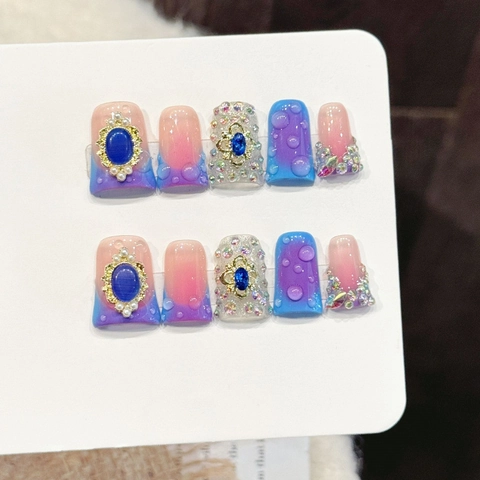 Handmade Dreamy Pink Blue Gradient Press On Nails With 3D Water Drops Rhinestone Artificial Pearl Decor Luxury Fake Nails