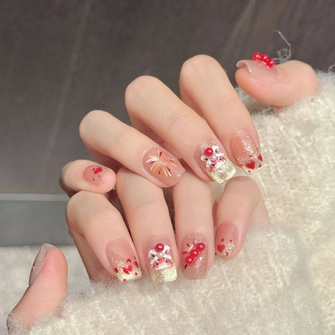 Unghie Finte a Pressione Artigianali Danza del Leone Rosa Nudo Rosso Cuore Rilievo 3D Glitter Perla Artificiale Strass Per Donna