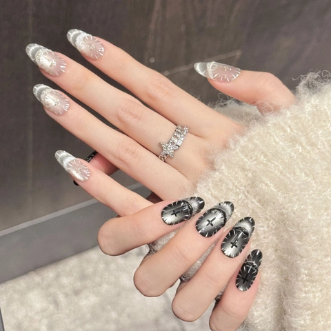 Silver Black Gradient Cat Eye Press On Nails With Cross Star Decor Handmade Gothic Y2K Almond Shape False Nails For Women