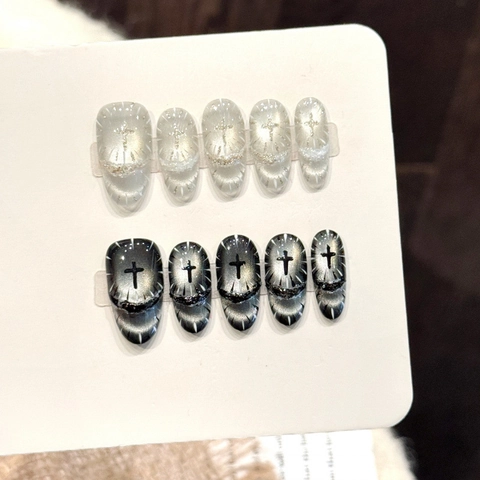 Silver Black Gradient Cat Eye Press On Nails With Cross Star Decor Handmade Gothic Y2K Almond Shape False Nails For Women
