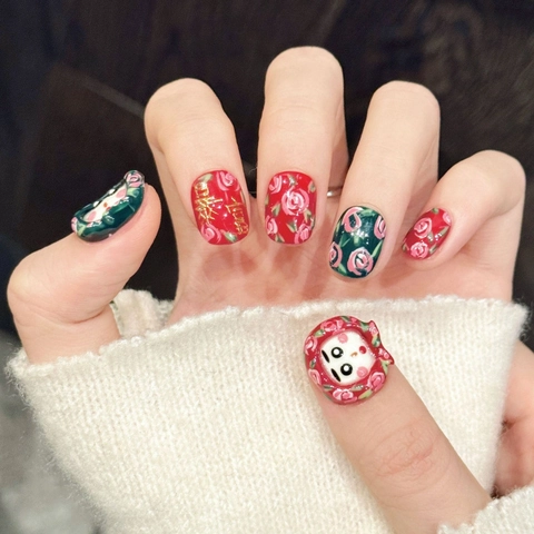 Faux Ongles Rétro Rouge Vert Imprimé Rose Faits Main Chat de Dessin Animé 3D Ensemble de Faux Ongles Carrés Courts Festifs
