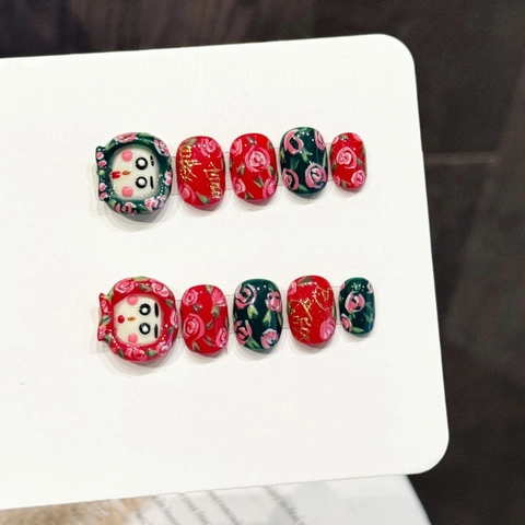 Faux Ongles Rétro Rouge Vert Imprimé Rose Faits Main Chat de Dessin Animé 3D Ensemble de Faux Ongles Carrés Courts Festifs