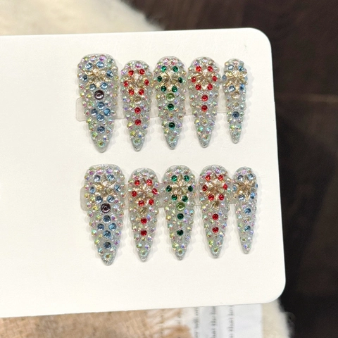 Unghie Finte Stiletto Fatte a Mano Lunghe con Strass Multicolore Scintillanti Stella Fiocco di Neve Unghie Artificiali Natale Donna Gioielli