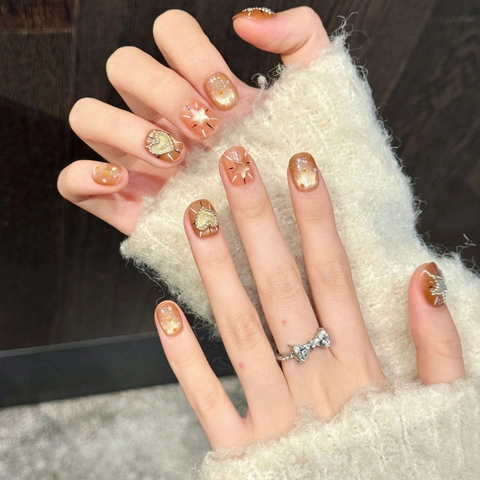 Caramel Star Press On Nails Cat Eye Heart Glitter Orange Brown Short Square Round Manicure Nails With Jelly Glue For Women