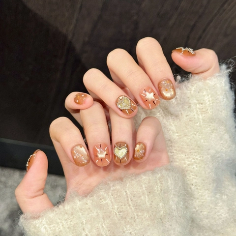 Caramel Star Press On Nails Cat Eye Heart Glitter Orange Brown Short Square Round Manicure Nails With Jelly Glue For Women
