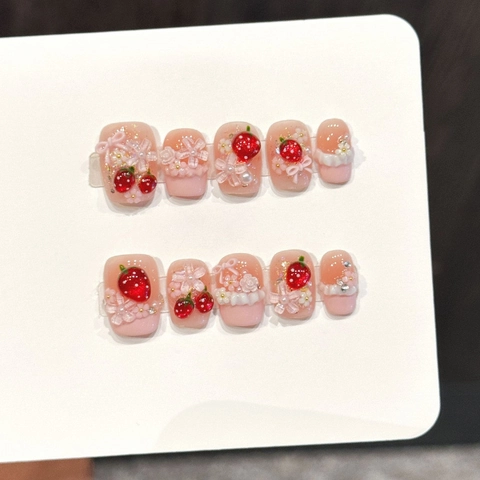 Unghie Finte a Pressione Rosa Fragola Fatte a Mano Decorative 3D Fiore Perla Artificial Fiocco per Donna Ragazza Dolce Manicure