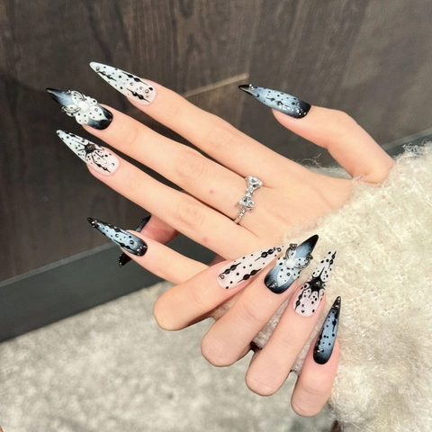 Unghie Finte Gotico Inchiostro Blu Nero Sfumato Stiletto Press On Nails Fatto a Mano Motivo Stella Con Perla Artificiale Strass Donna