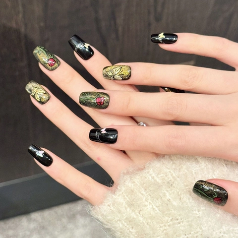 Handmade Black Gold Cat Eye Press On Nails With Rose Butterfly Design Vintage Long Square Fake Nails For Women Manicure