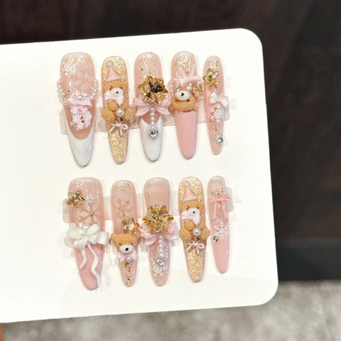 Handmade Pink Gold Bear Press On Nails Stiletto 3D Butterfly Snowflake Star Rhinestone Artificial Pearl Winter Christmas False Nails