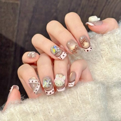 Faux Ongles Faits Main Lapin Nœud Papillon Décoration 3D Oeil de Chat Strass Cœur Faux Ongles Style Ballerine Trapèze Court