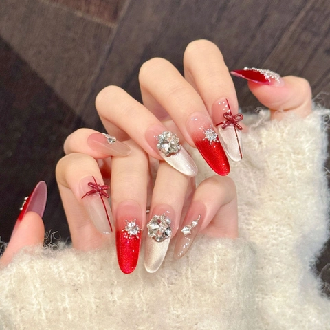 Handgefertigt Rot Schleife Schneeflocke Strass Künstliche Fingernägel Weihnachten Mandel Lange Falsche Nägel Für Damen Maniküre