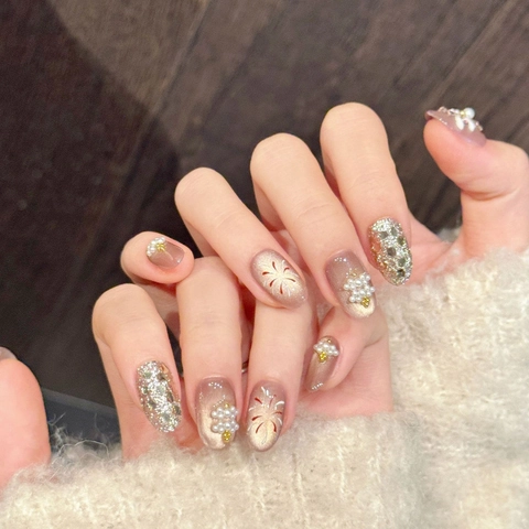 Uñas Postizas Hechas a Mano Champaña Ojo de Gato Con Perla Artificial Diamantes Imitación Fuegos Artificiales Boda Mujer