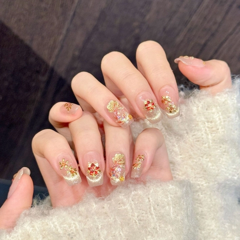 Faux Ongles à Coller Faits à la Main Style Chinois Feuille d'Or Fleurs Dégradé Nude Œil de Chat 3D Faux Ongles Réutilisables