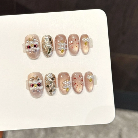 Uñas Postizas Hechas a Mano Champaña Ojo de Gato Con Perla Artificial Diamantes Imitación Fuegos Artificiales Boda Mujer