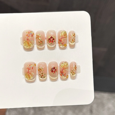 Faux Ongles à Coller Faits à la Main Style Chinois Feuille d'Or Fleurs Dégradé Nude Œil de Chat 3D Faux Ongles Réutilisables