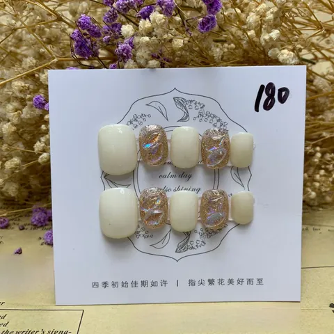 Unghie Finte a Pressione Fatte a Mano Bianco Crema Aurora Glitter Oro Strass Minimaliste Quadrate Riutilizzabili per Donna Arredo Quotidiano