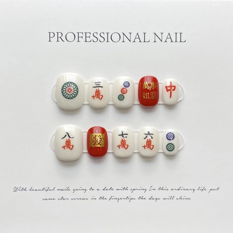 Handgemacht Chinesisch Mahjong Press On Nägel Für Damen Rot Weiß Glückszeichen Nägel Set Neujahr Party Nagelkunst Dekoration