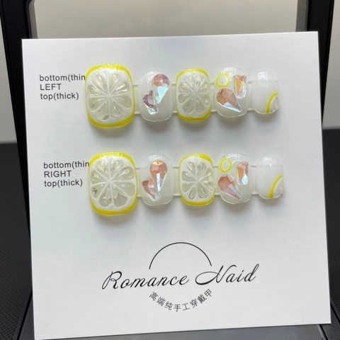 Unghie Finte a Pressione Francesi al Limone Estive Fatte a Mano Con Design al Limone in Rilievo 3D Unghie Finte in Resina Artificiale