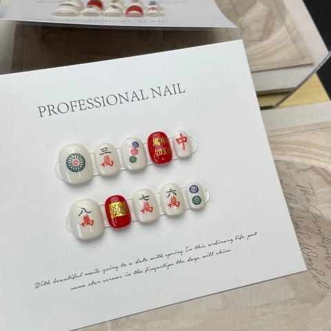 Handgemacht Chinesisch Mahjong Press On Nägel Für Damen Rot Weiß Glückszeichen Nägel Set Neujahr Party Nagelkunst Dekoration