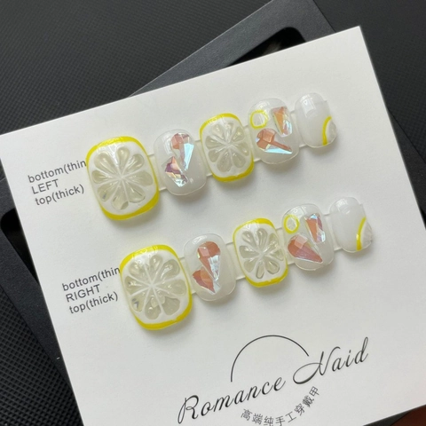 Unghie Finte a Pressione Francesi al Limone Estive Fatte a Mano Con Design al Limone in Rilievo 3D Unghie Finte in Resina Artificiale