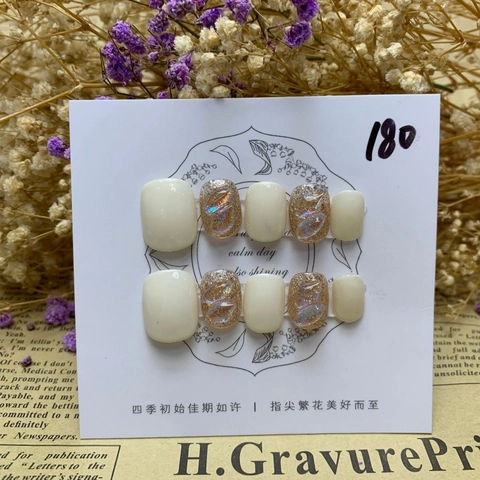 Handmade Cream White Aurora Gold Glitter Rhinestone Press On Nails Minimalist Square Reusable False Nails For Women Daily Decor