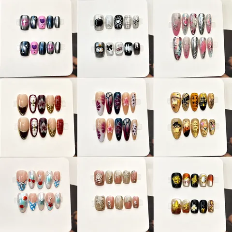 Handmade Press On Nails Art Tips 3D Relief Rhinestone Artificial Pearl French Style Y2K Reusable Fake Nails For Women