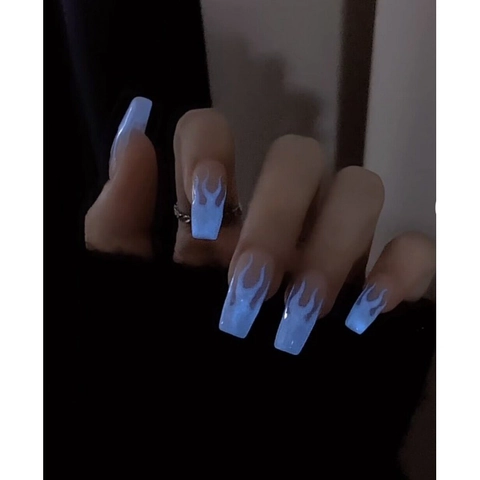 Handmade Glow In The Dark Luminous Long Coffin Press On Nails Blue Flame Design Gradient Nude Pink Fake Nails For Women