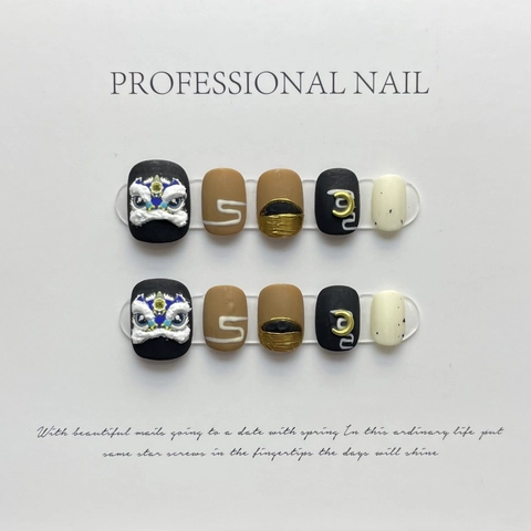 Uñas Postizas Hechas a Mano con Relieve de Danza del León Pintadas a Mano Estilo Año Nuevo Reutilizables para Mujer