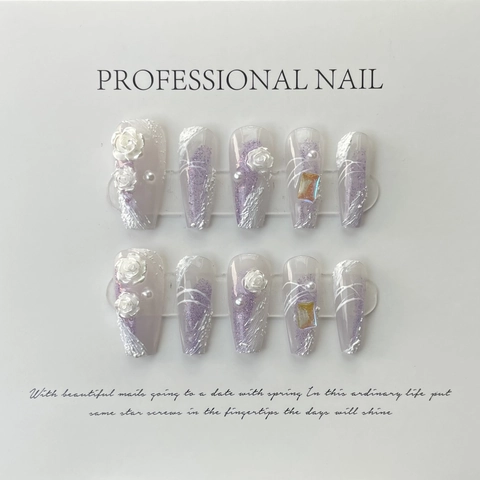 Handmade Purple Gradient Press On Nails Long Coffin 3D White Rose Pearl Rhinestone Decorative False Nails For Women Daily Dating
