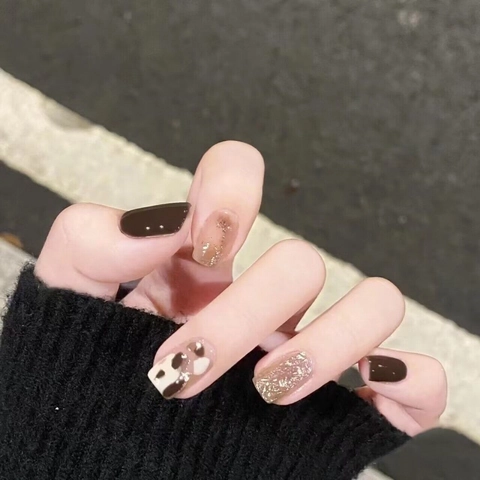 Handmade Press On Nails Champagne Latte Cow Print Square Round Artificial Nails Reusable Phototherapy Gel Nail Patches For Women