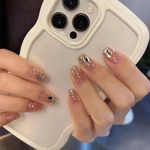 Handgefertigte Nude-Rosa Verlauf Künstliche Nägel Mit Strass Glitzer Schleife Dekoration Wiederverwendbare Fake-Nägel Damen