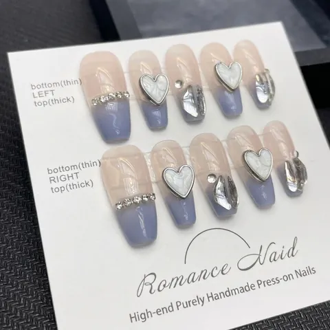 Handgefertigt Rosa Farbverlauf Künstliche Nägel Set Süß Kühl Stil 10 Stück Sarg Nägel Mit 3D Herz Strass Dekor