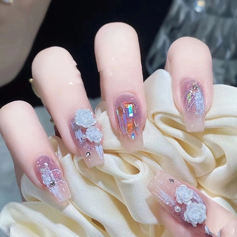 Handgefertigte Kamelie Künstliche Nägel Luxus 3D Rosenblume Strass Perlen Design Lange Sarg Falsche Nägel Komplettset Für Damen