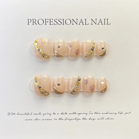 Handgemaakte Plaknagers Met Strass Goudfolie Nude Roze Spiegel Edelstein Kunstnagels Voor Vrouwen Feest Sieraden
