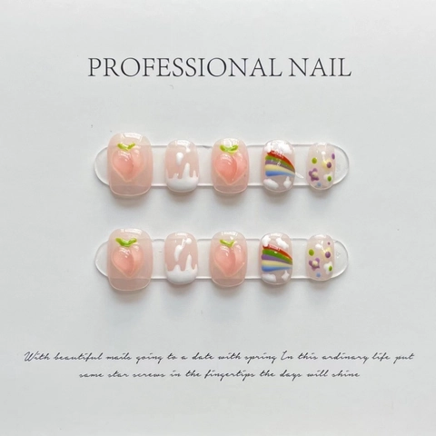 Unghie Finte Artigianali 3D Pesca Arcobaleno Set 10 Pezzi Dolce Rosa Floreale Unghie Finte Con Kit Di Colla Per Donna Quotidiano