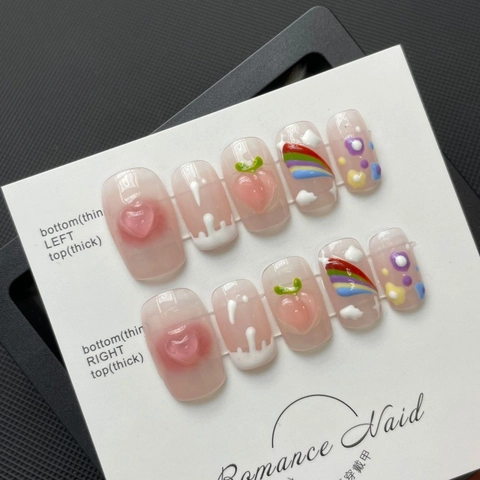 Unghie Finte a Pressione Fatte a Mano Pesca Arcobaleno Rosa Gelatina Con Decorazione a Cuore 3D Per Donna Ragazza Quotidiano