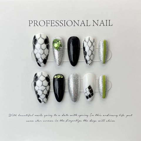 Uñas Postizas Hechas a Mano con Patrón de Serpiente Strass Verdes Almendra Larga Uñas Brillantes Accesorios de Moda para Mujer Kit de Manicura