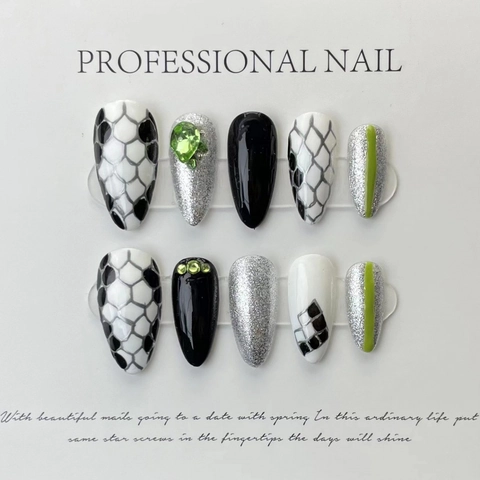 Uñas Postizas Hechas a Mano con Patrón de Serpiente Strass Verdes Almendra Larga Uñas Brillantes Accesorios de Moda para Mujer Kit de Manicura