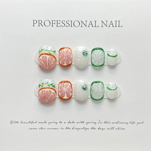 Handgefertigte Aufpressnägel Mit 3D Relief Frucht Grapefruit Zitrone Design Süßer Sommer Stil Kunstnägel Damen