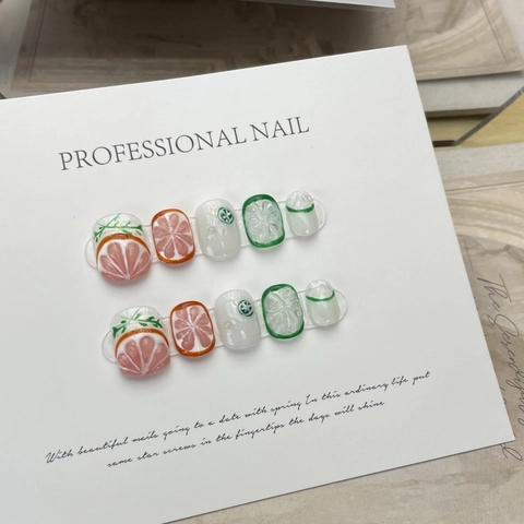 Handgefertigte Aufpressnägel Mit 3D Relief Frucht Grapefruit Zitrone Design Süßer Sommer Stil Kunstnägel Damen