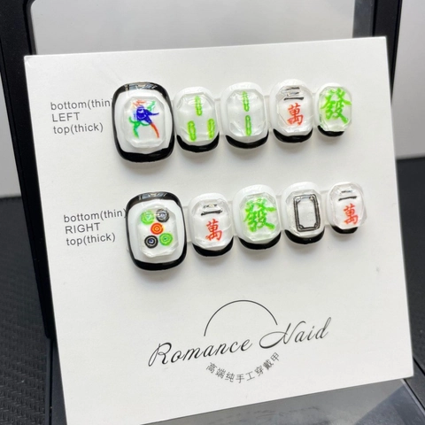 Unghie Finte a Pressione Mahjong in Rilievo 3D Fatte a Mano per Donna Creativo Stile Cinese Unghie in Resina Accessori Professionali
