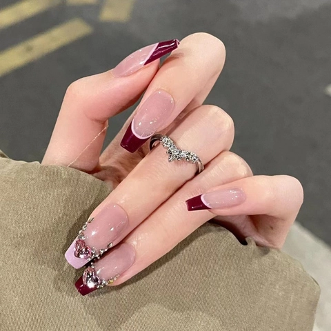 Handmade Burgundy French Coffin Press On Nails With Pink Heart Rhinestones Reusable Sparkling Long Artificial Nail Art