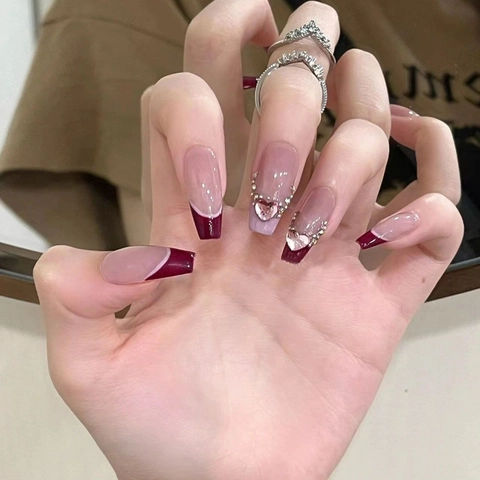 Handmade Burgundy French Coffin Press On Nails With Pink Heart Rhinestones Reusable Sparkling Long Artificial Nail Art